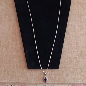 Sterling Silver Box Chain Glass Red Stone Marcasite Pendant Necklace
